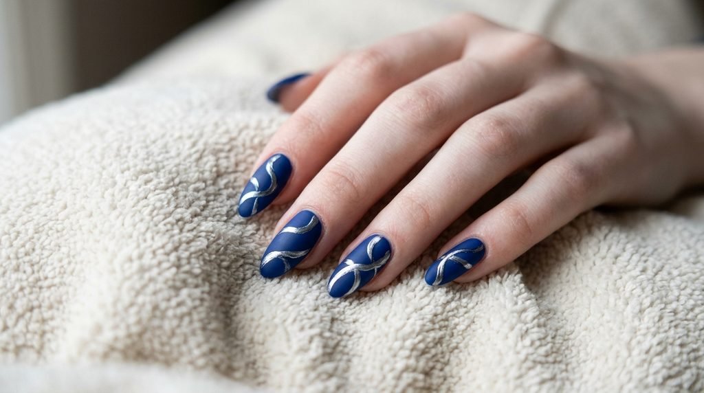 Matte blue nails with shiny silver metallic ribbon artwork.