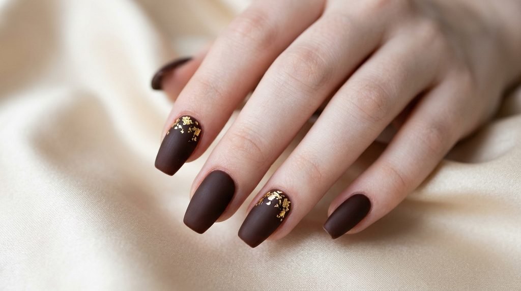 Matte cocoa brown short coffin nails with gold leaf flecks on an eighteen year old fair-skinned female hand on cream satin.