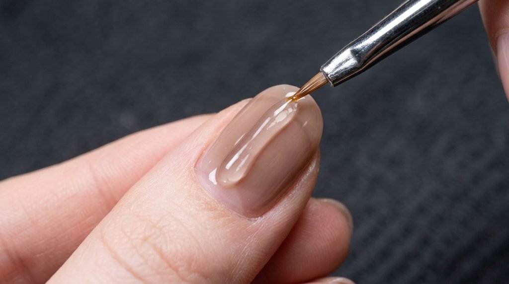 Detail brush drawing clear 3D ridge on an ice coffee gel nail of an 18-year-old female hand with very white skin.