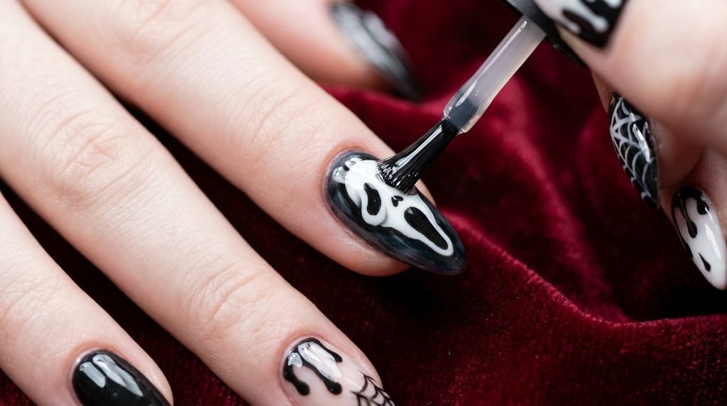 Clear top coat applied over ghost face nail art against a dark crimson velvet background.