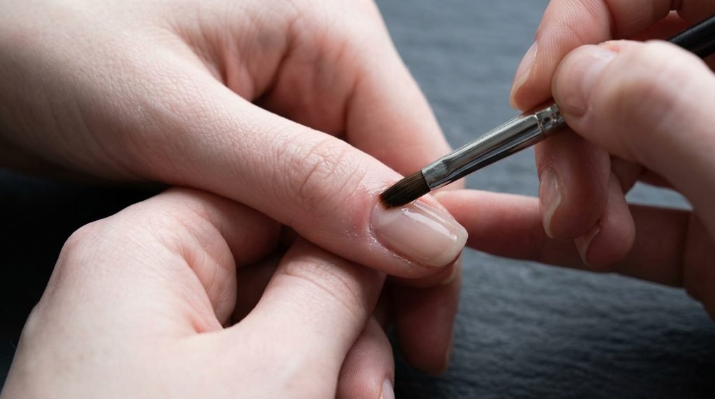 Detail brush cleaning stray gel polish from skin near natural nail sidewall.