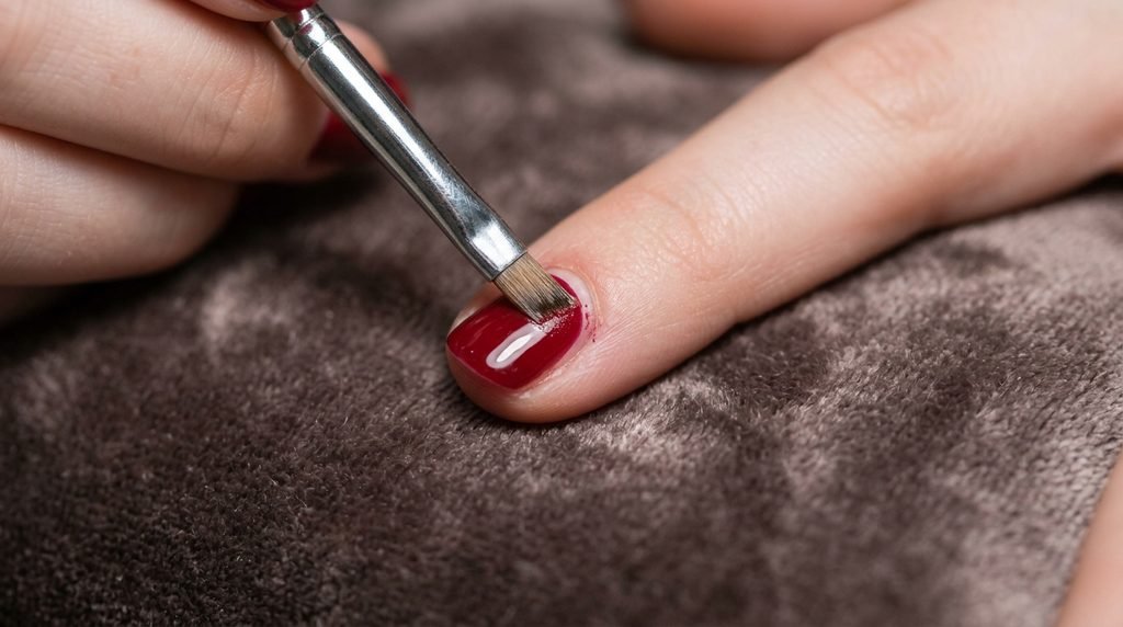 Angle brush cleaning wet polish off short nail skin over dark taupe velvet.
