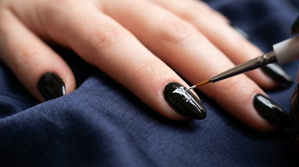 Detailed shot of a thin brush painting tiny white lettering onto a black fingernail. 