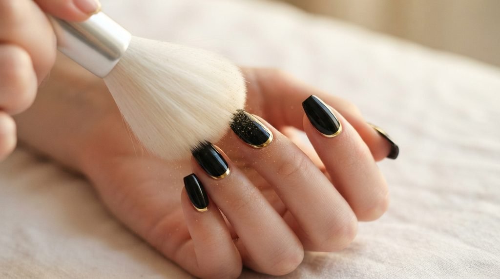 Close-up of a finished black and gold chrome reverse French manicure on coffin nails, with a large fluffy brush dusting away stray powder.