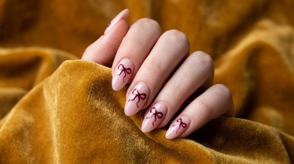 Deep burgundy ribbon nail art on medium almond nails.