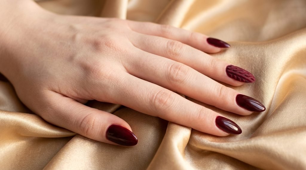 Burgundy cable knit accent nail and glossy burgundy nails on champagne gold satin.