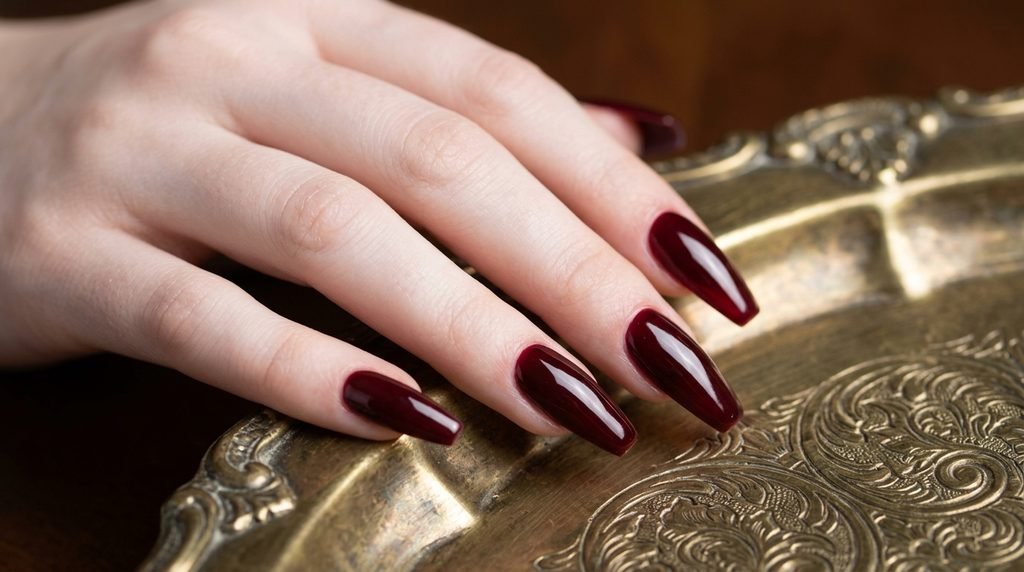 Close-up of glossy deep red burgundy coffin nails on an 18-year-old female hand resting on a brass tray.