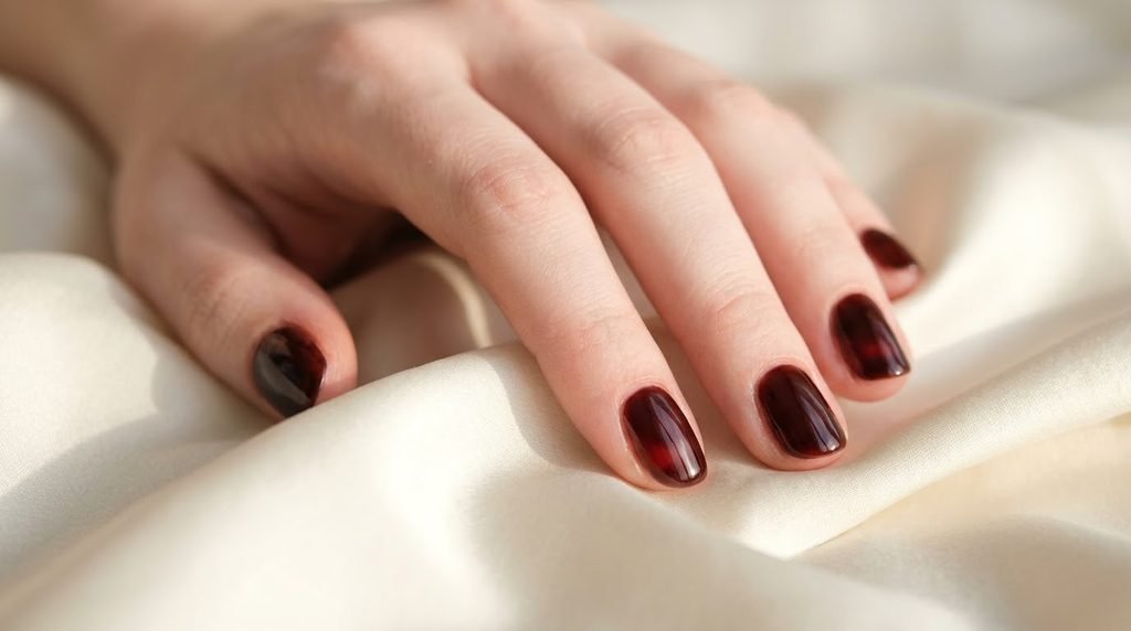 Glossy dark cherry-cola brown oval nails on a fair-skinned eighteen year old female hand against smooth ivory silk.