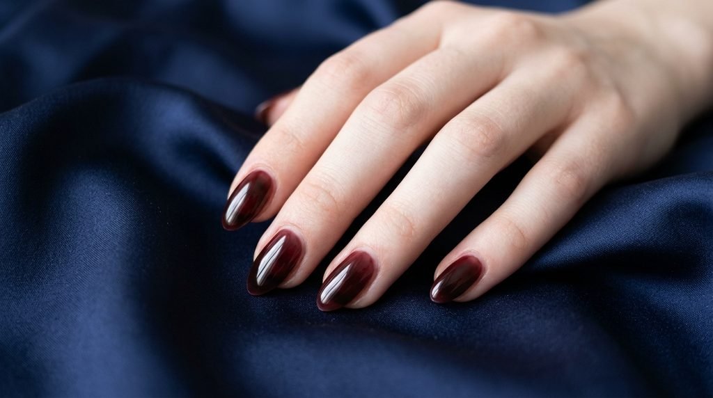 Black cherry jelly polish layered over a milky nude base on almond nails against navy blue silk.