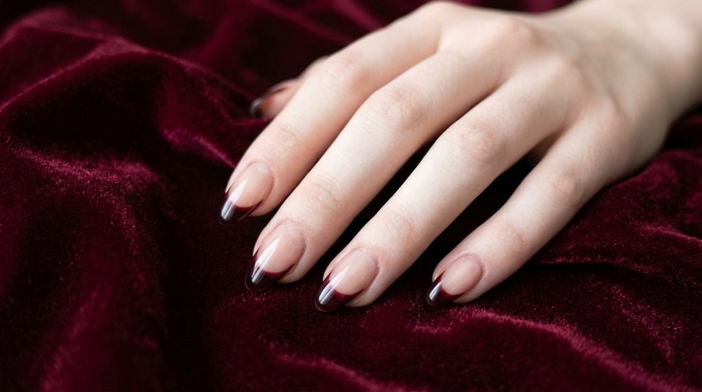Elegant almond nails with sheer black cherry jelly French tips over a nude base against burgundy velvet.