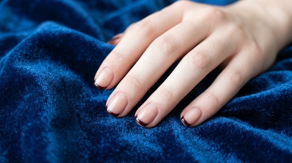 Short natural squoval nails with delicate black cherry micro French tips against a sapphire blue background.