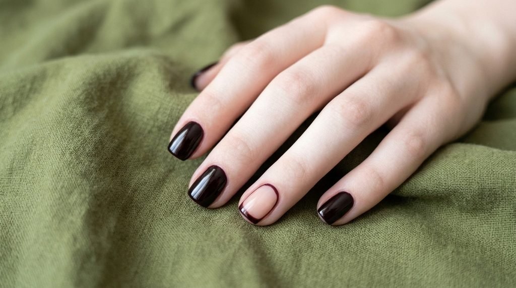 Manicure with solid black cherry nails and one nude accent nail framed with a thin black cherry border.