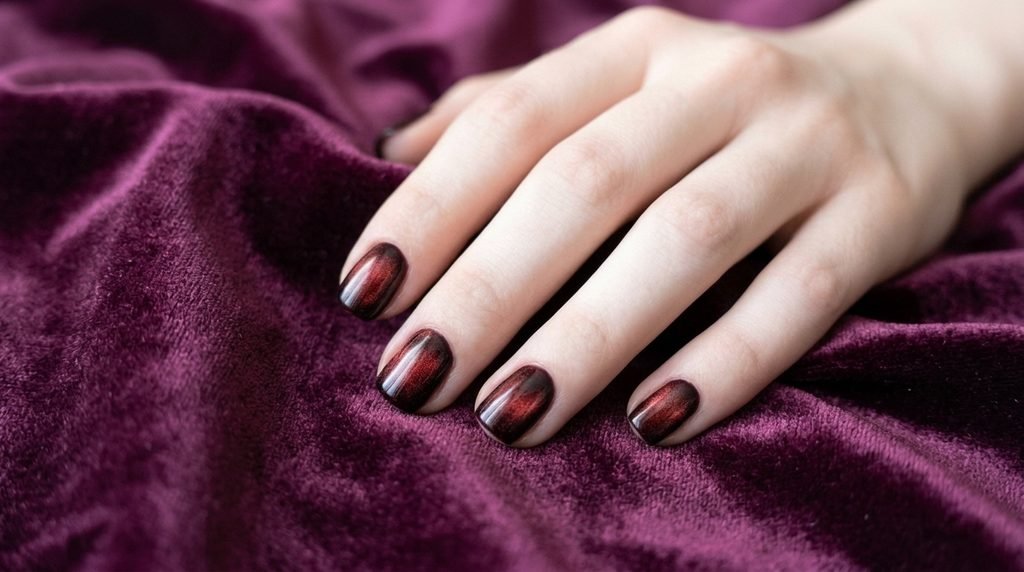 Short squoval nails with a subtle velvet-magnetic sheen over black cherry gel against plum velvet.