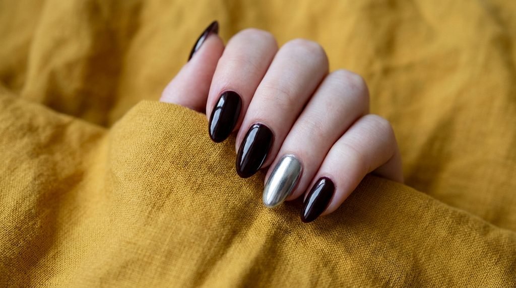 Black cherry gel manicure featuring a single silver chrome accent nail against mustard yellow linen.
