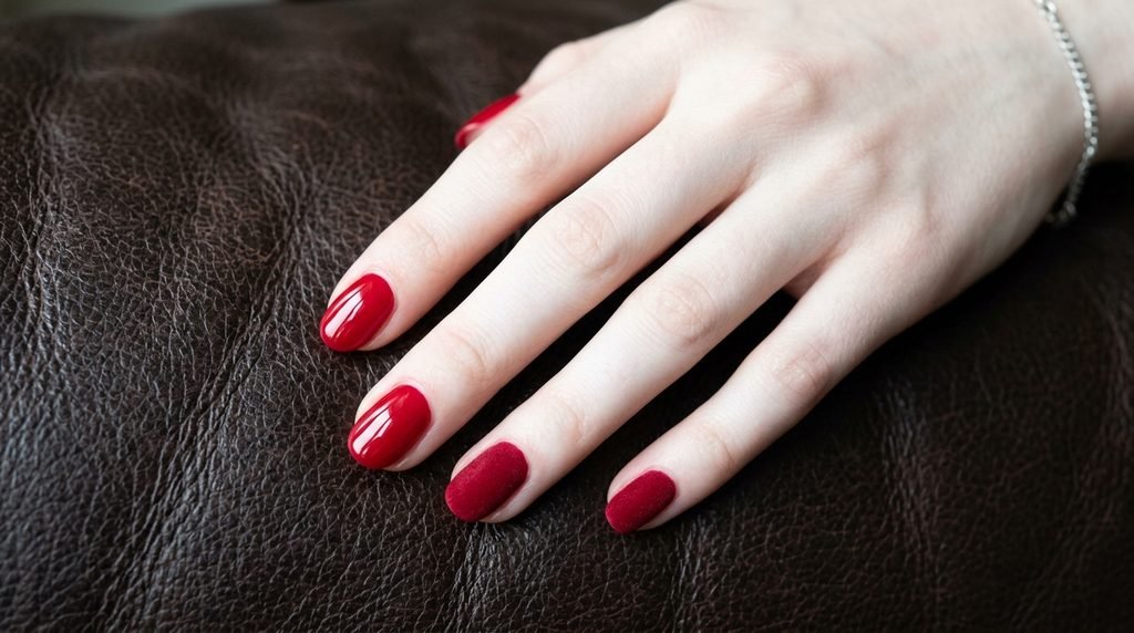 Comparison of glossy top coat versus matte top coat over cherry red polish.