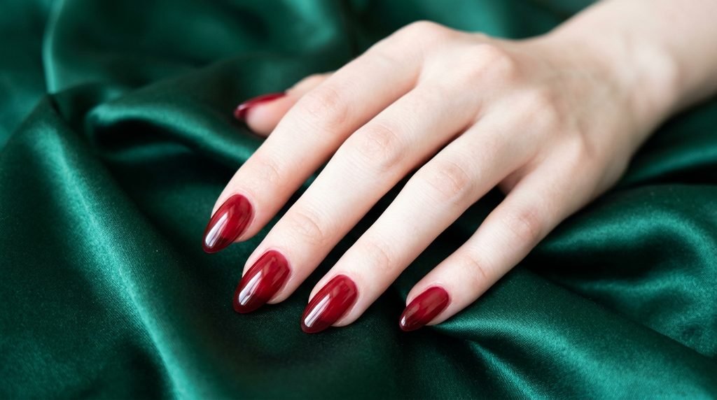 Translucent cherry red jelly glass nails on an 18-year-old female hand with very white skin against emerald satin.