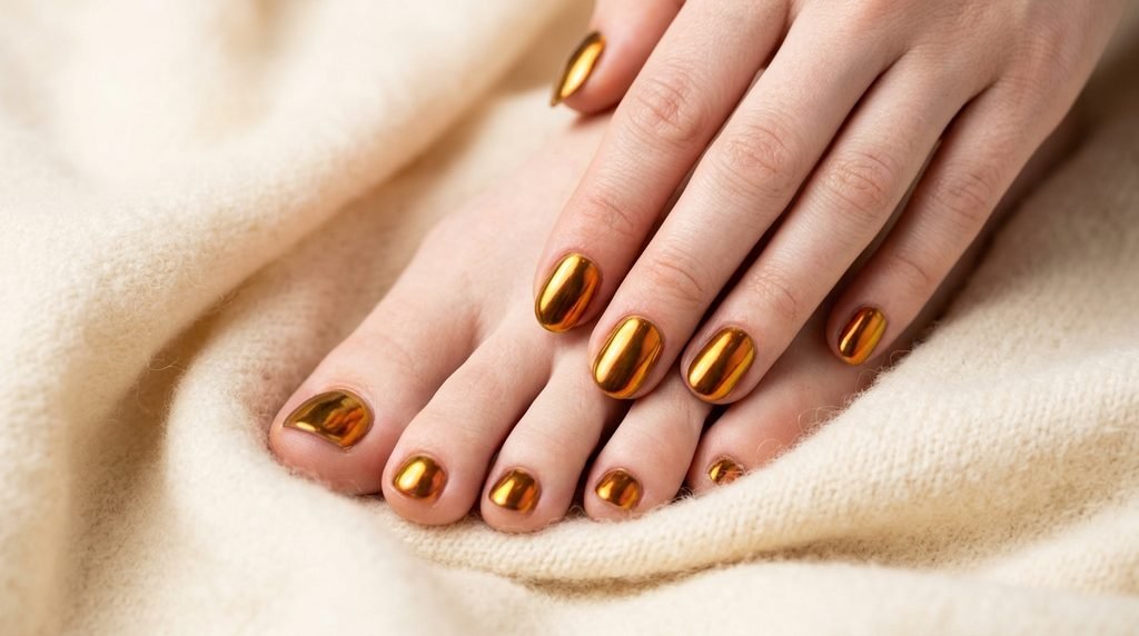 Extreme macro photography of smooth white feet showcasing reflective amber chrome toenails on cream fabric.