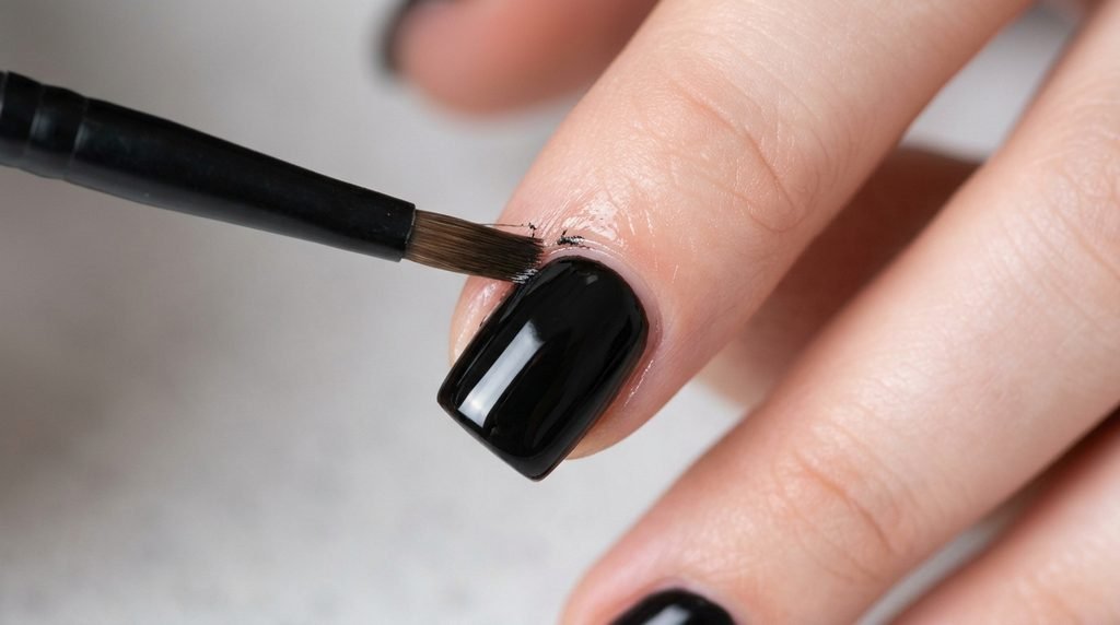 Extreme top-down close-up of a square black nail showing a professional cleanup brush removing gel polish from the cuticle skin.