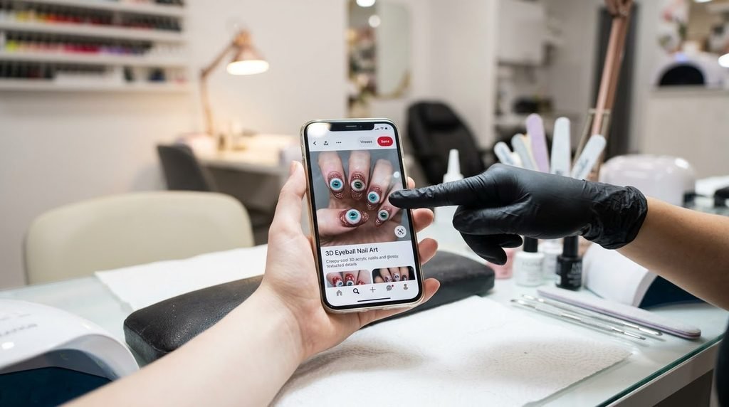 A close-up perspective of a woman's pale hand in a salon holding up a smartphone showing 3D eyeball nail inspiration to a technician, with blurred equipment in the background.