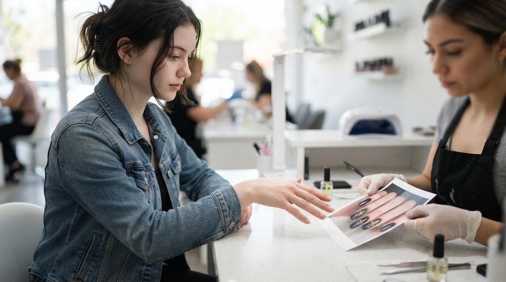 Over-the-shoulder perspective of a client showing a photo of a specific black and gold chrome nail design to her nail technician at a salon.