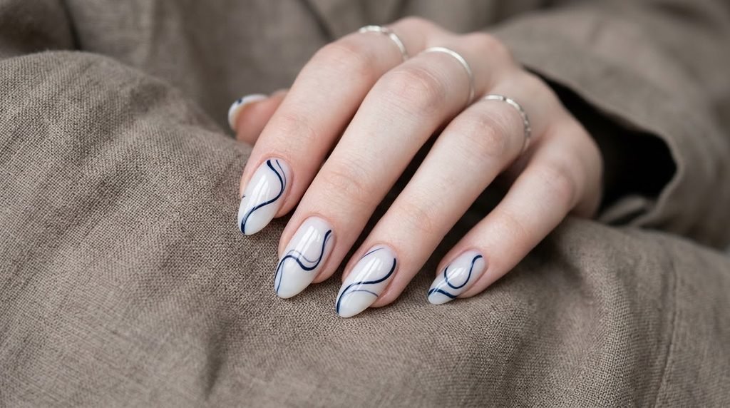 Midnight navy abstract swirls on almond nails with very white skin.