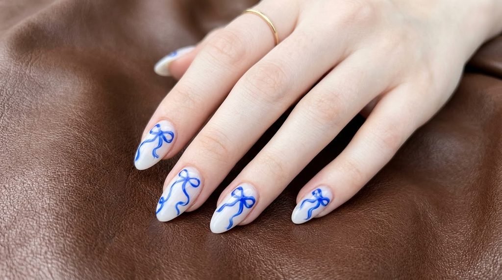 Blue ribbon nails with cobalt bow design on almond shape.