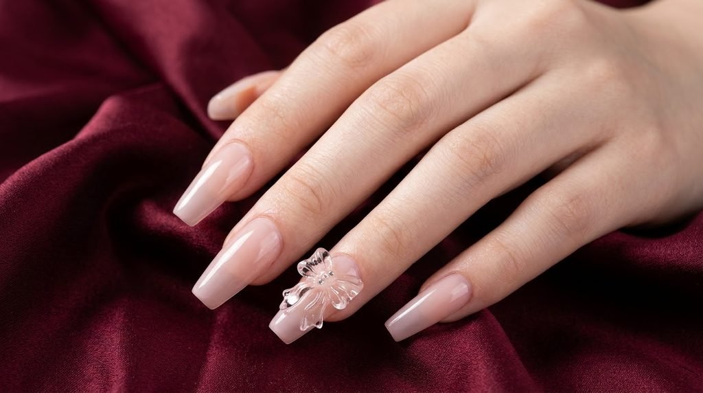 3D sculpted gel ribbon bow design on coffin nails.