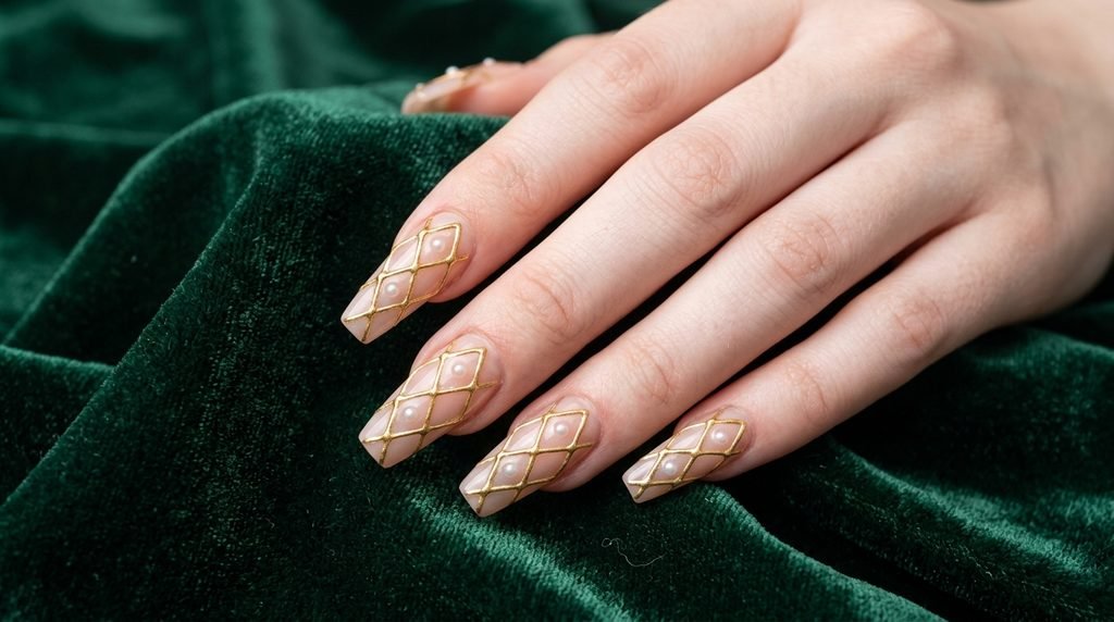 Coffin nails with gold diamond lattice art on very white female hand over dark forest green velvet.