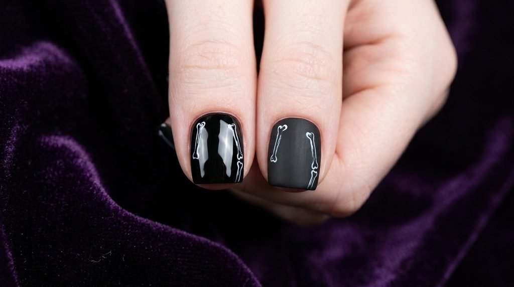 Macro close-up of two short square nails on an 18-year-old female hand with smooth white skin, both featuring simple white bone line art. One nail is finished with high-gloss top coat and the other with velvet matte top coat, against a deeply shadowed dark amethyst violet velvet background.