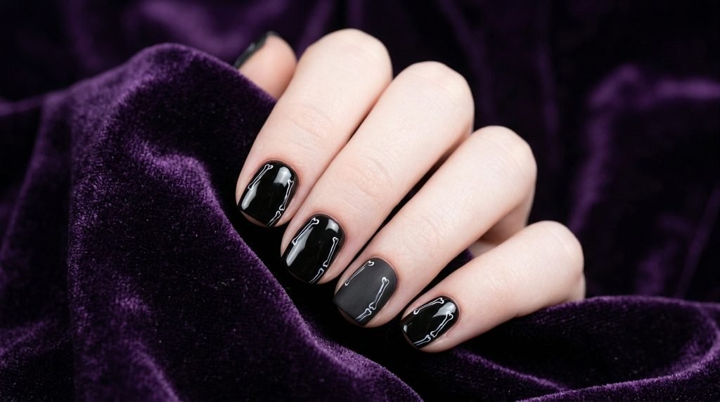 A close-up of an 18-year-old female hand with smooth, very white skin and short, rounded nails painted with black polish and curved white bone line art, set against a deep amethyst violet velvet background.