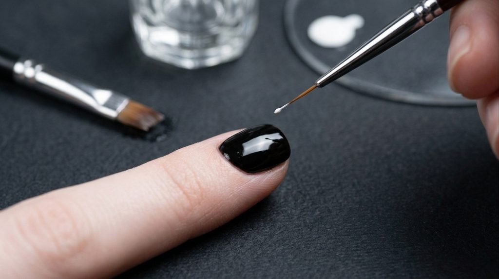 Macro close-up of a very fine liner brush and a cleanup brush near a single short square nail of an 18-year-old female hand with smooth white skin and black polish, against a dark charcoal background.