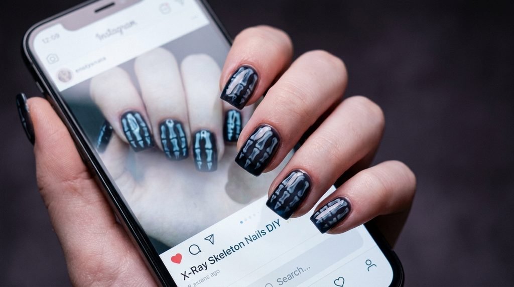Close-up of an 18-year-old female hand with smooth white skin and completed black and white x-ray skeleton nails, holding a smartphone showing an image of the same design, against a dark grey concrete background with violet undertones.