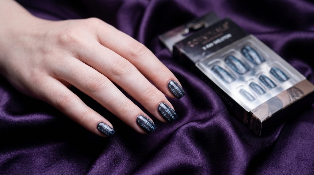 Close-up of an 18-year-old female hand with smooth white skin and short square nails featuring completed x-ray skeleton art, posed next to a package of similar press-on nails, against a dark amethyst violet silk background.