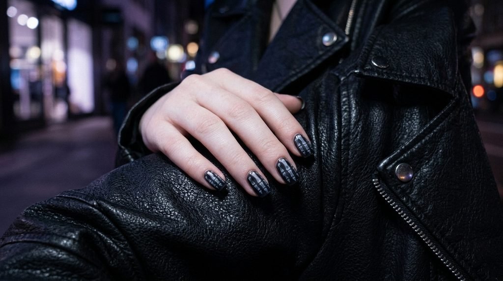 Close-up of an 18-year-old female hand with smooth white skin and short square x-ray skeleton nails, posed against a black leather jacket in a dark urban environment with subtle violet light.