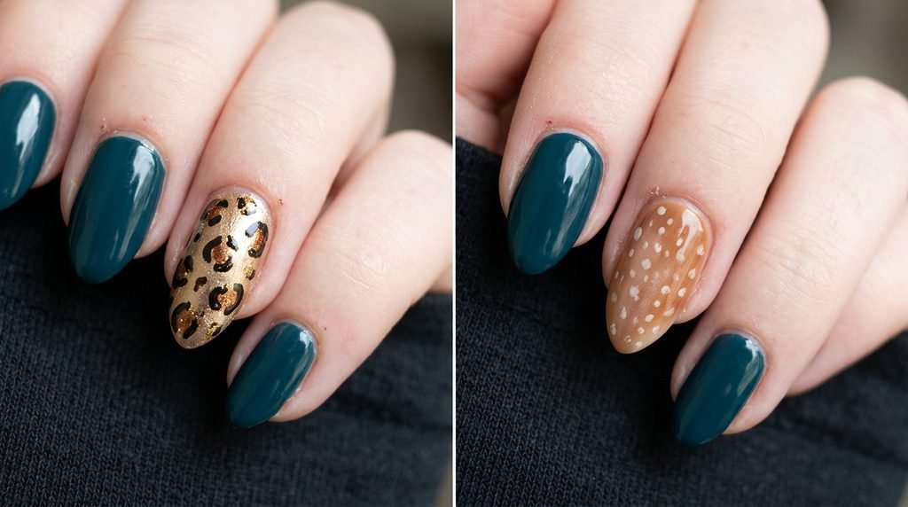 Comparison of leopard print and deer print nail art on an 18-year-old female hand with very white skin.
