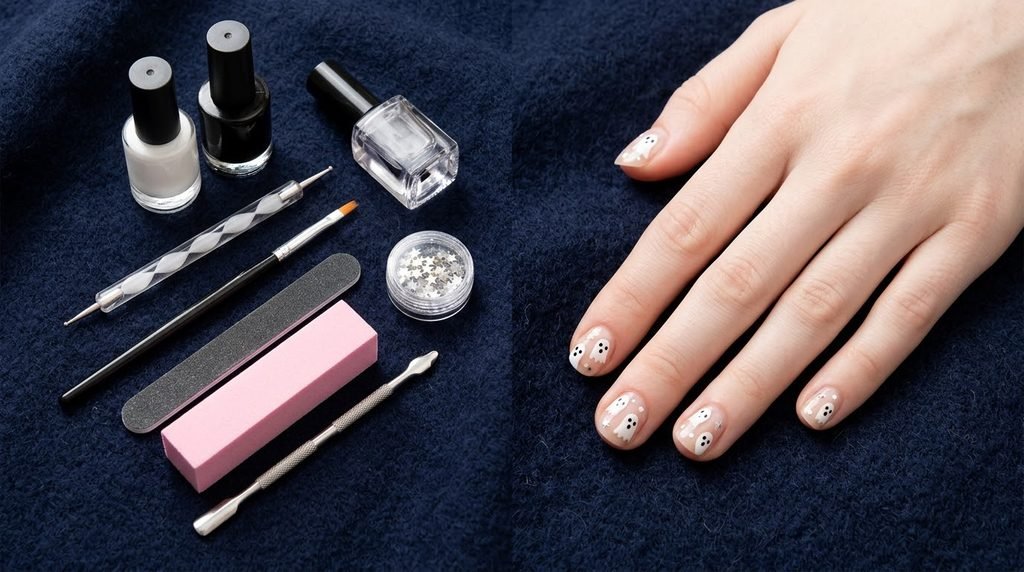 Various short nail shapes with ghost nail art arranged over dark burgundy suede.