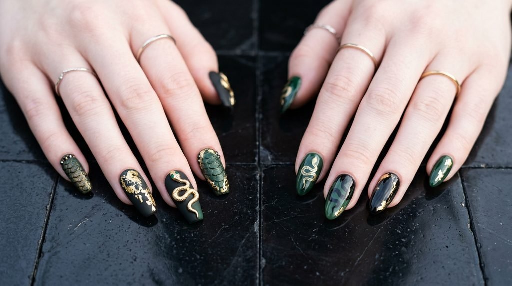 Snake print press-on nails beside a manicured pale female hand over obsidian tile.