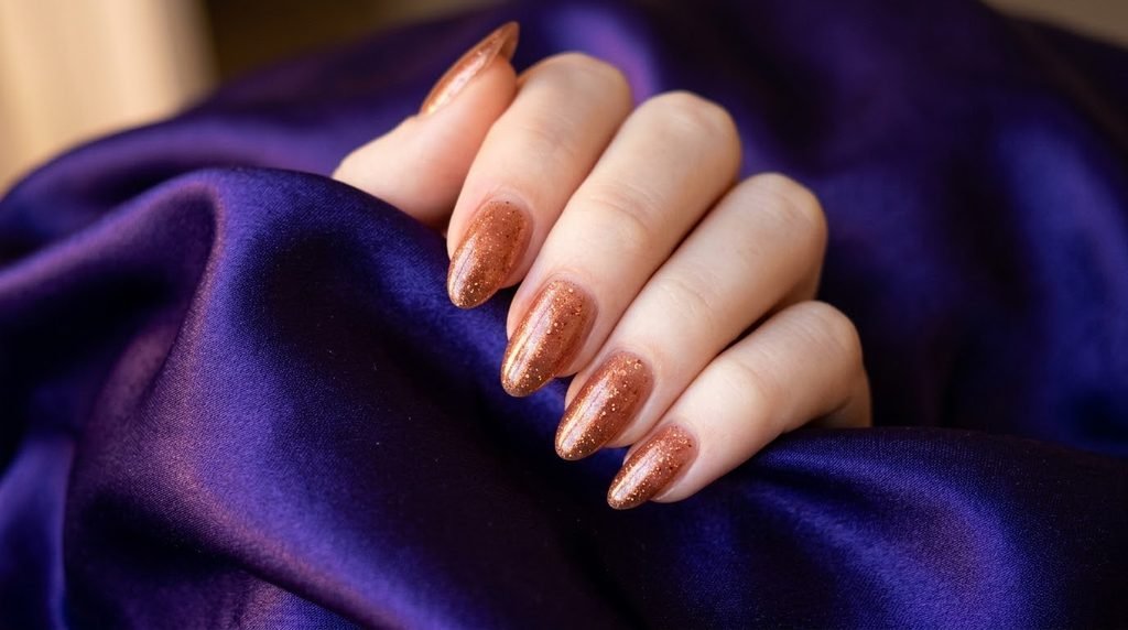 Sheer bronze copper shimmer nails on an 18-year-old female hand with very white skin on royal purple satin.