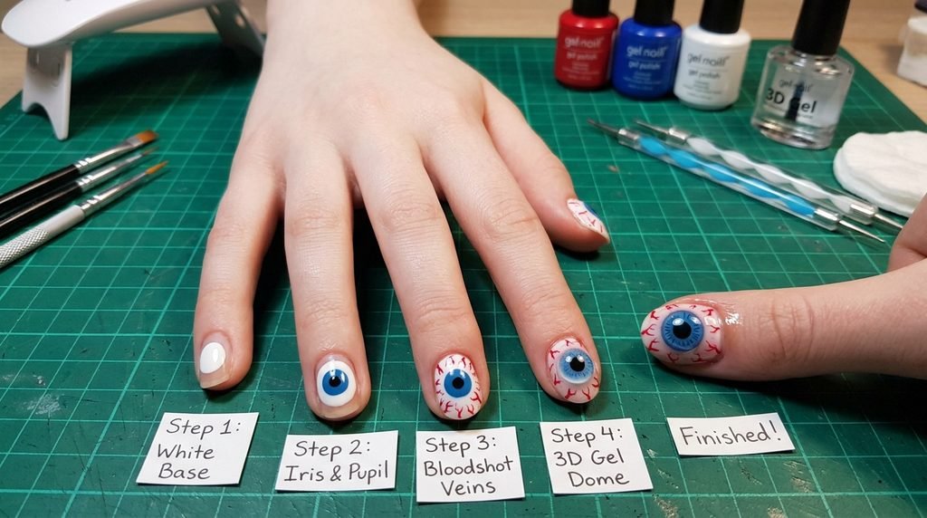 A step-by-step close-up showing a woman's pale hand illustrating the DIY process of creating 3D eyeball nails with builder gel, from clear dome to finished painted design.