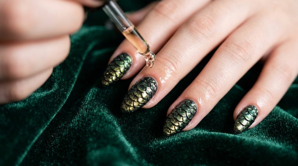 Cuticle oil application on 3D snake scale nails on a pale hand over dark emerald velvet.