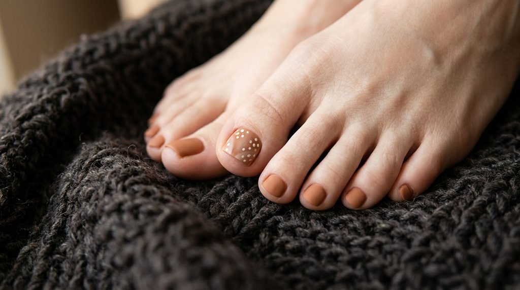Matte deer print nail art on a big toe with cinnamon brown smaller toes on a dark knit background.