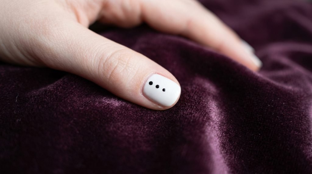 Three small black dots mapped on a white nail over deep plum velvet background.