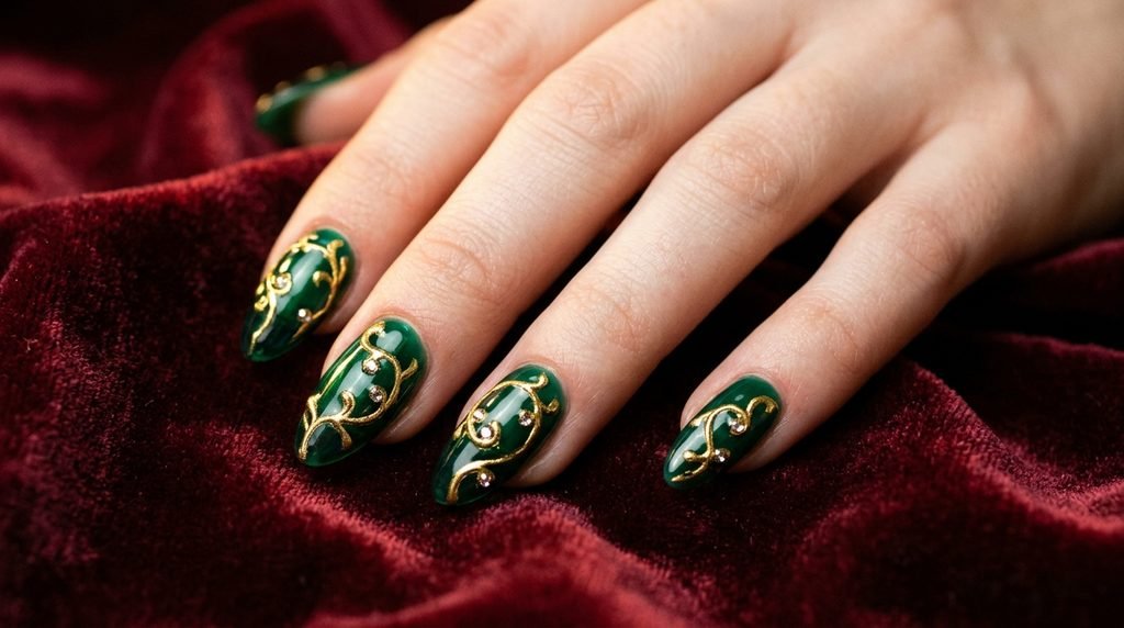 Deep emerald green nails with gold baroque scrollwork on very white female skin over burgundy velvet.