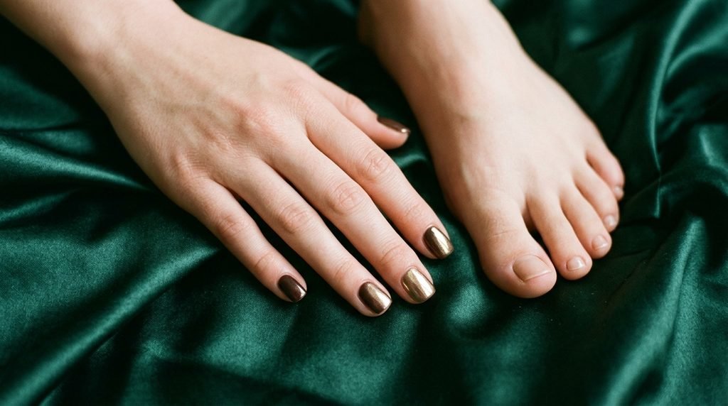 Short square nails with glossy chocolate chrome glaze finish on female hand resting near toes on green satin.