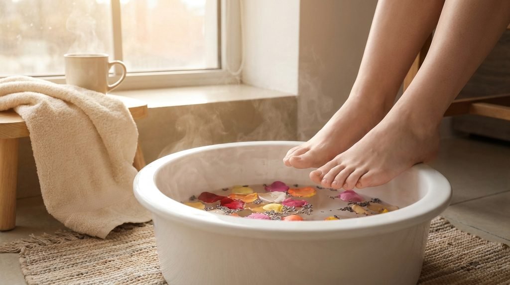 Smooth white feet soaking in a clean water basin with flower petals.