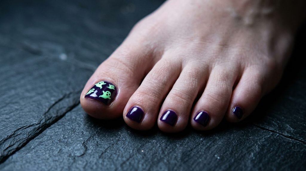Glowing luminescent ghost design on a dark purple big toenail with white skin on dark slate tile.