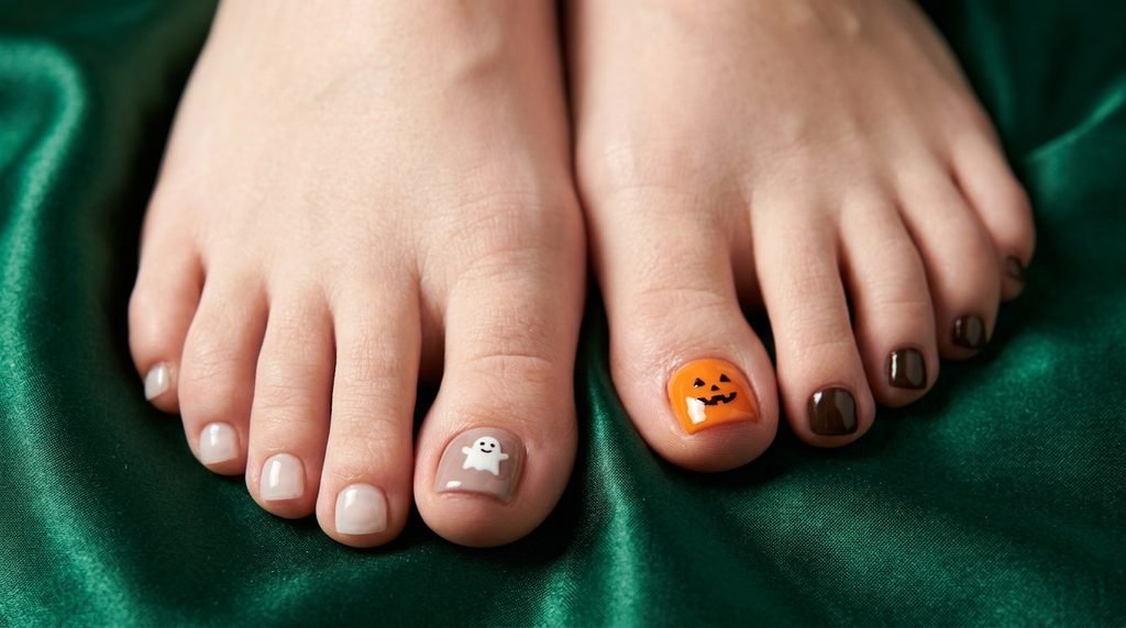Close-up of short toenails on white skin featuring a painted ghost and pumpkin on big toes with dark accent toes against emerald green silk.