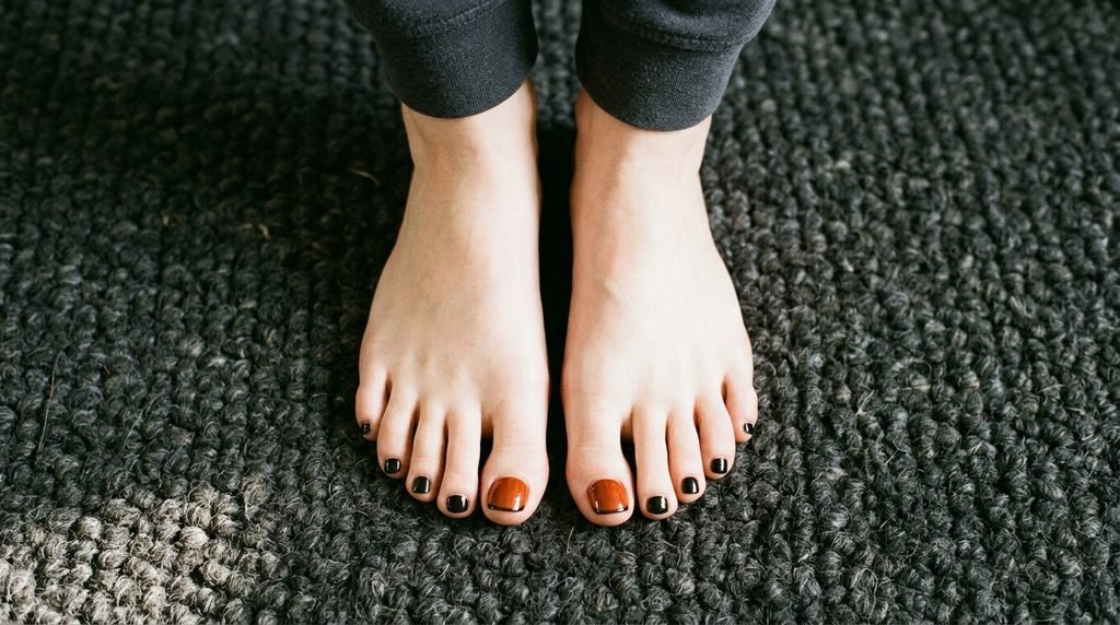 Pedicure on pale female feet showing a  orange big toe nail with black tips and solid black smaller toe nails.