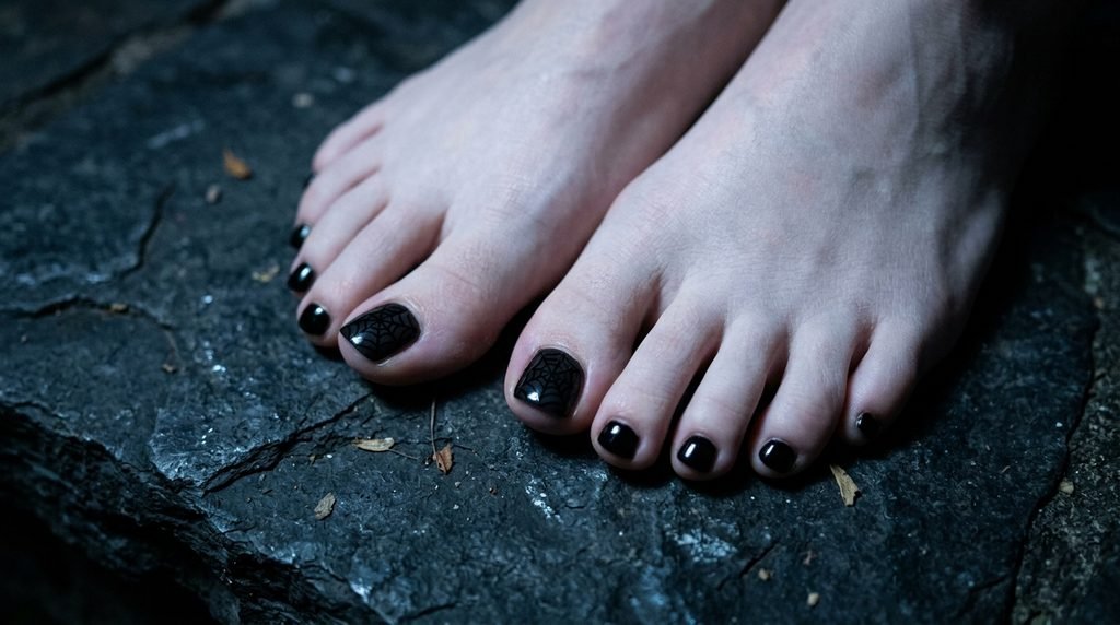Glossy black toenails with subtle matte web art on fair skin against dark stone.