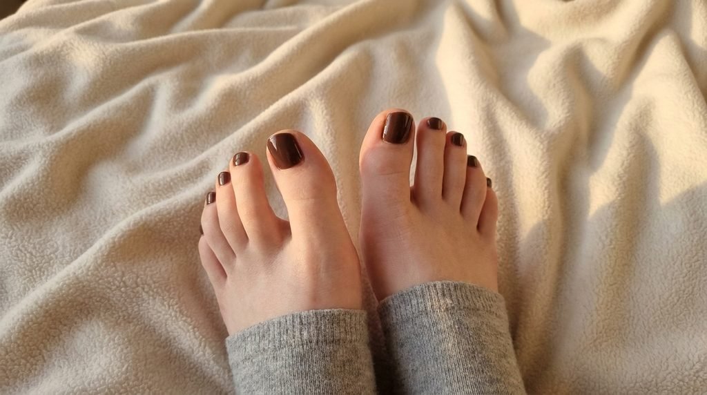 Fair female toes with smooth dark chocolate gel polish resting on a cozy white fleece blanket.